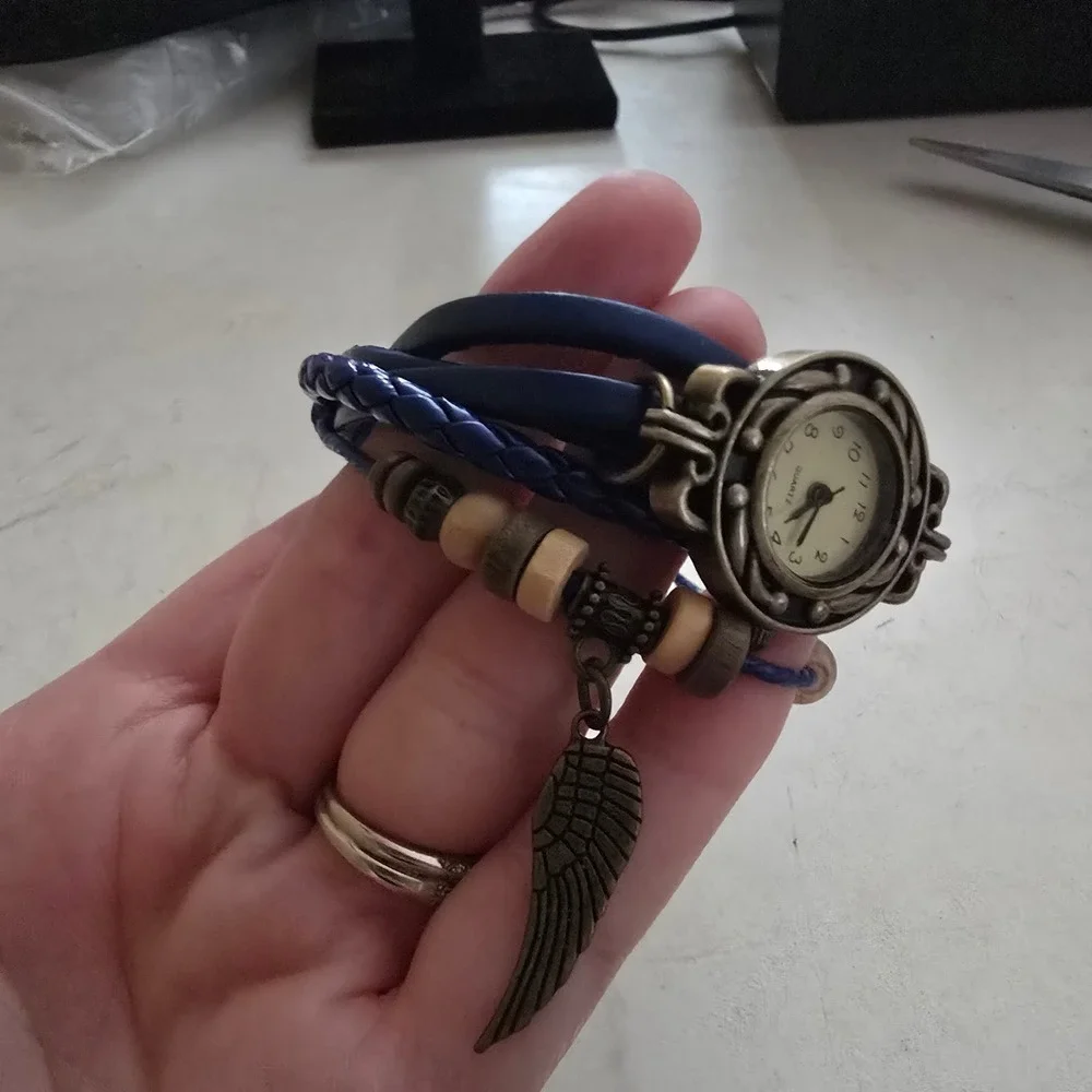 Boho Blue Leather Wrap Bracelet Watch Bronze Wing Charm Beaded Quartz Timepiece